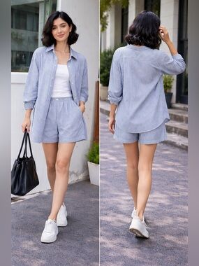 Women's High-Waist Striped Blue Shorts - Casual Elastic Waist